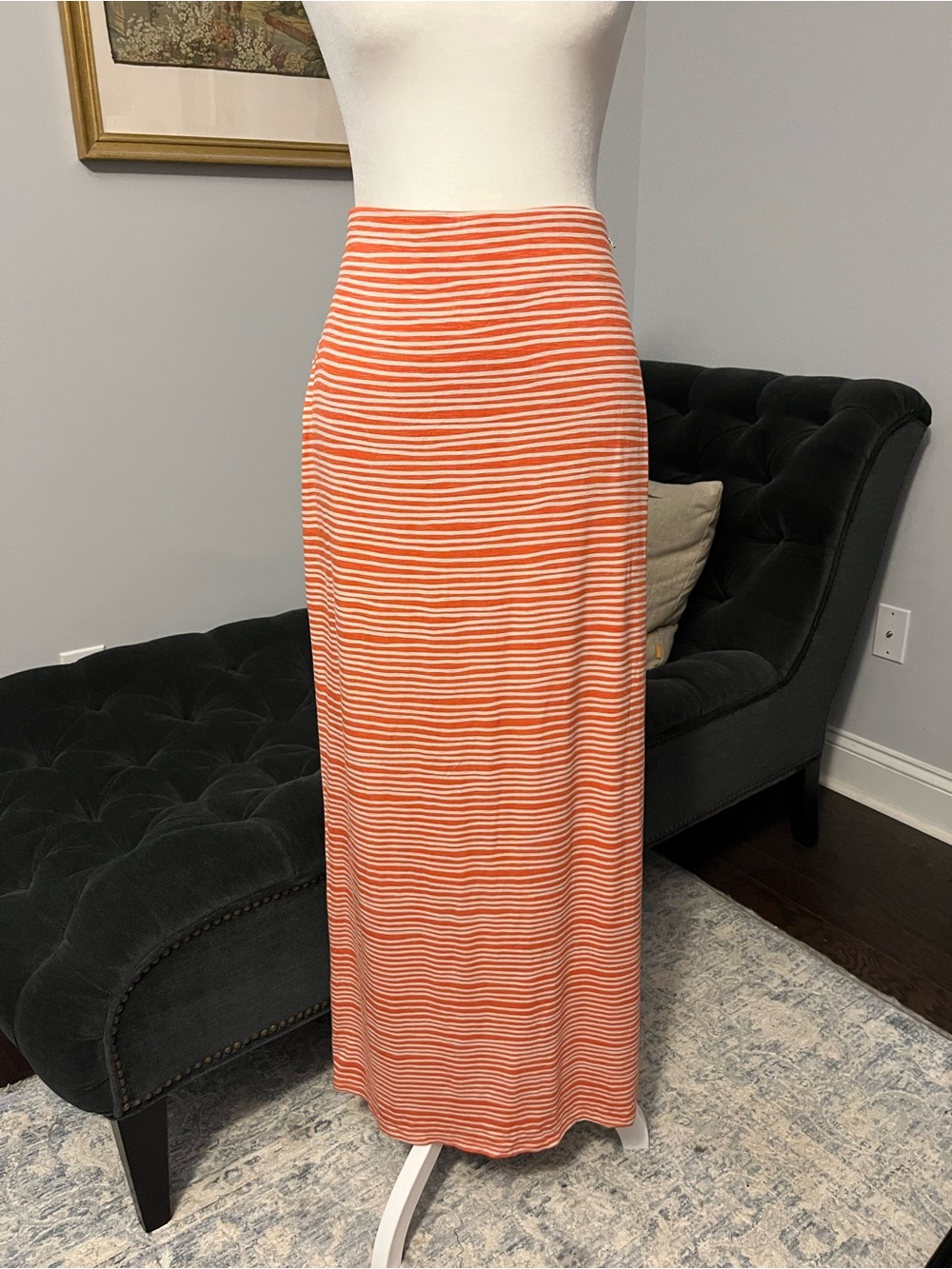 LOFT Knit Orange and Cream Striped Maxi Skirt